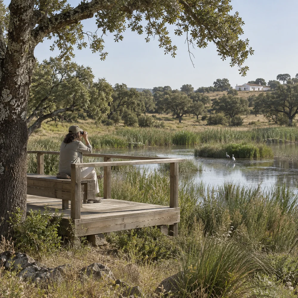 AI-generated illustration: A quiet observation platform beside a wetland