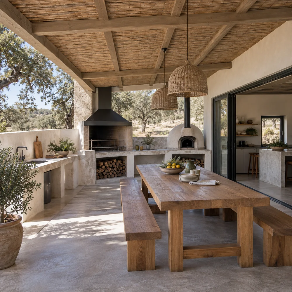 AI-generated illustration: A shared kitchen with barbecue, pizza oven and long communal tables
