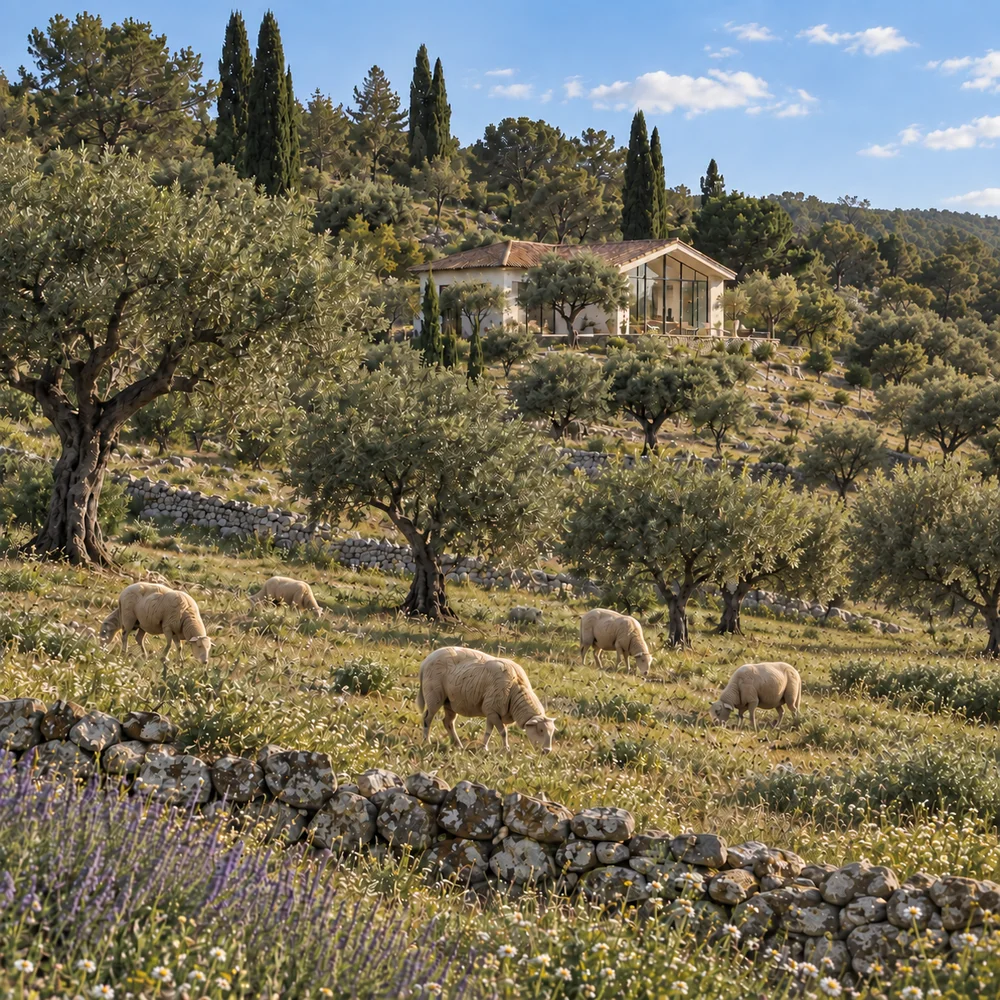 AI-generated illustration of a rural estate, grazing sheep, and terraced gardens