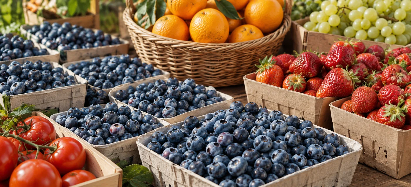 AI-generated illustration of fresh berries, oranges, grapes, and tomatoes at a farmers’ market