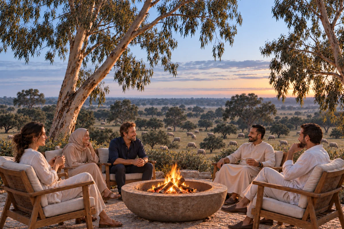 AI-generated illustration of five people gathered around a fire beneath eucalyptus trees at dawn