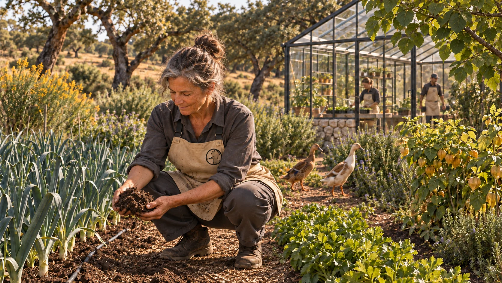 AI-generated illustration of a gardener tending soil with a greenhouse and ducks behind her