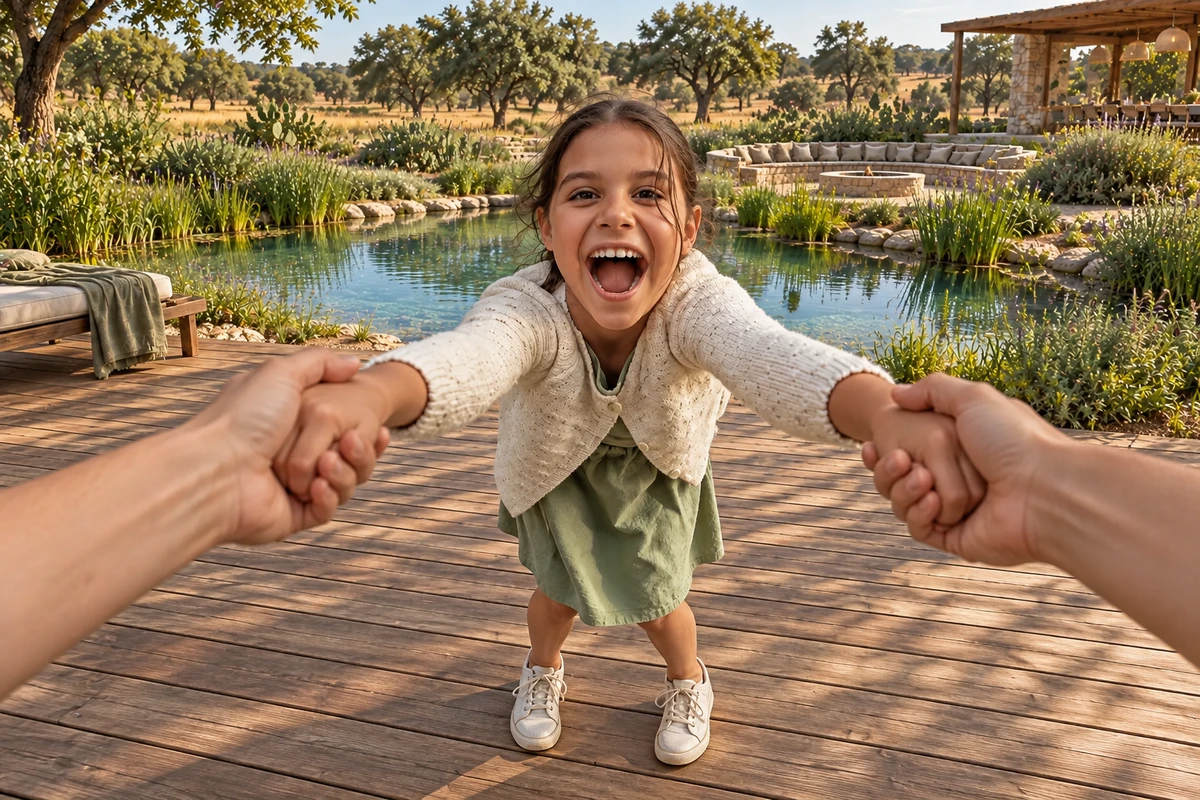 AI-generated illustration of a girl holding an adult’s hands on a timber deck beside a planted natural pool in the Montado