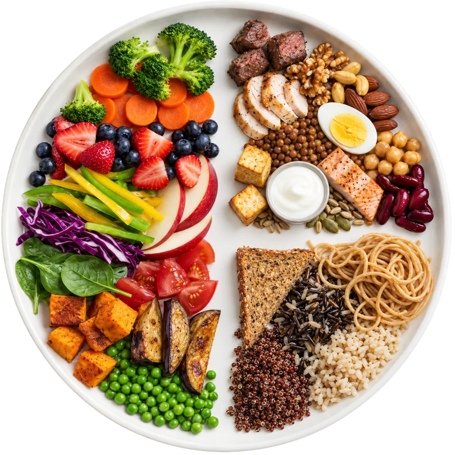 A plate with vegetables, fruit, grains, legumes, nuts, eggs, fish, and meat